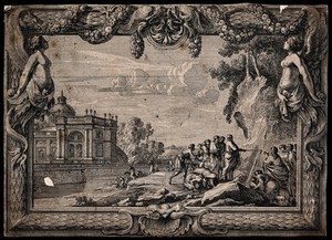 view In front of a grand palace, Moses draws water from a rock. Etching by J. Le Pautre.