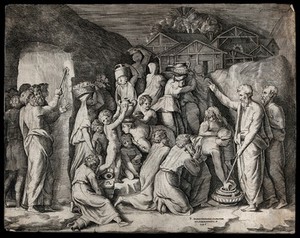 view Moses brings forth water with his rod; his people gather the manna dropped from heaven and carry it away. Engraving by G. Bonasone after G.F.M. Mazzola, il Parmigianino, 1546.