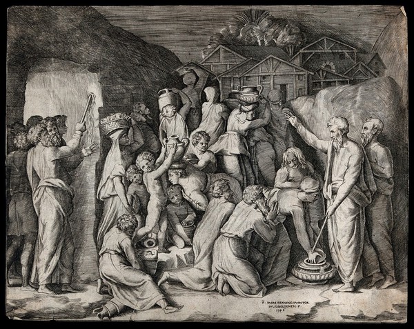 Moses brings forth water with his rod; his people gather the manna dropped from heaven and carry it away. Engraving by G. Bonasone after G.F.M. Mazzola, il Parmigianino, 1546.