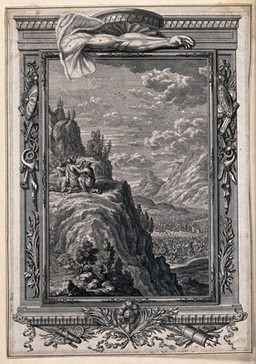 Moses' arms grow heavy as he prays for the victory of the Israelites over the Amalecites; an outstretched arm is anatomically depicted. Etching by C. Sperling-Heckel, c. 1735.