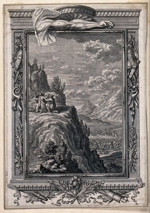 view Moses' arms grow heavy as he prays for the victory of the Israelites over the Amalecites; an outstretched arm is anatomically depicted. Etching by C. Sperling-Heckel, c. 1735.