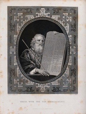 view Moses, with his rod and the table of the ten commandments. Etching by J. Rogers after S.W. Reynolds.