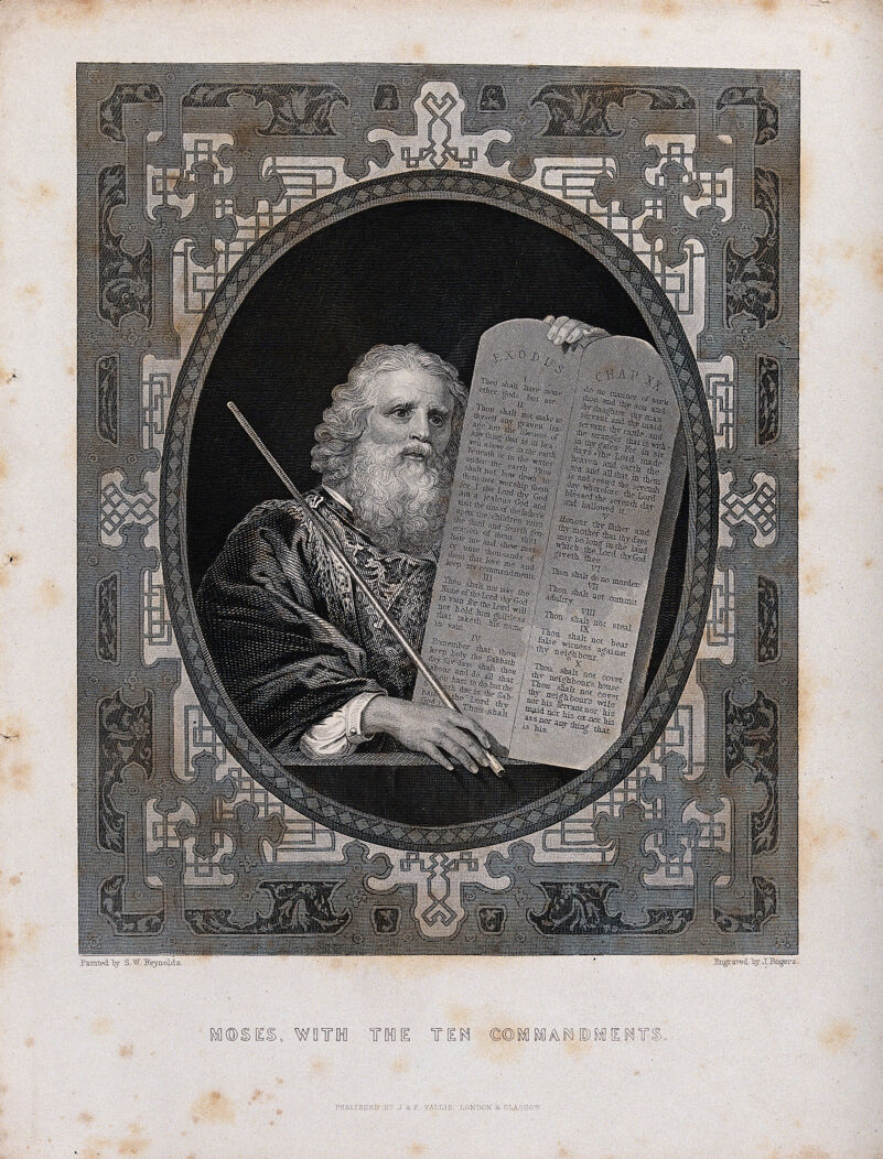 Moses, with his rod and the table of the ten commandments. Etching by J. Rogers after S.W. Reynolds., by Samuel William Reynolds