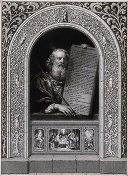 Moses, with his rod and the table of the ten commandments; with scenes from the Passion and the Last Judgement to come. Mezzotint after S.W. Reynolds.