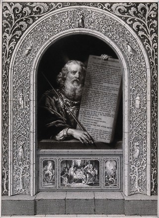 Moses, with his rod and the table of the ten commandments; with scenes from the Passion and the Last Judgement to come. Mezzotint after S.W. Reynolds.