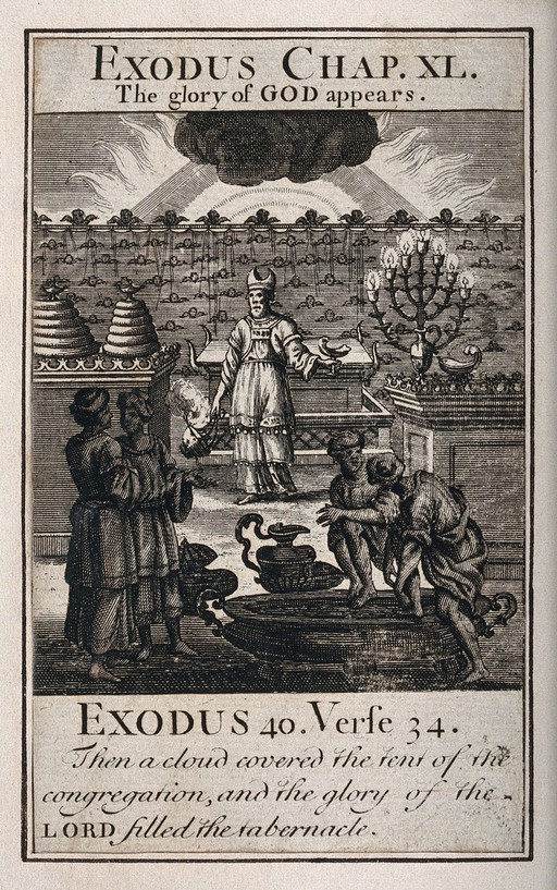 God appears radiantly behind a black cloud as Moses swings an incense burner; four people are washing their feet and hands in preparation. Etching.