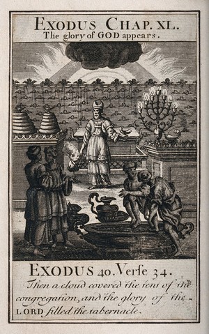 view God appears radiantly behind a black cloud as Moses swings an incense burner; four people are washing their feet and hands in preparation. Etching.