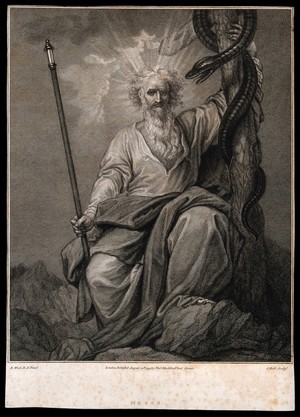 view Moses with his rod and his brazen serpent. Engraving by J. Hall, 1793, after B. West.