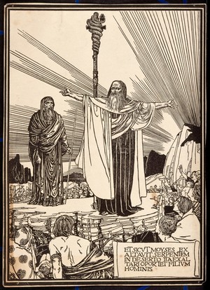 view Moses presents his brazen serpent to the people. Woodcut after Robert Anning Bell, c. 1890.