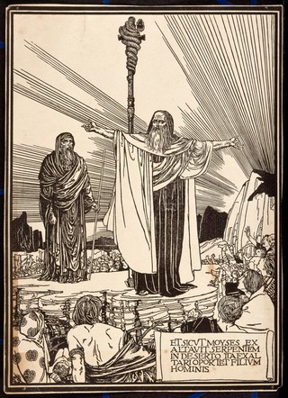 Moses presents his brazen serpent to the people. Woodcut after Robert Anning Bell, c. 1890.