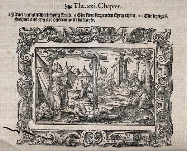 As people collapse with snake bites, Moses brings out the brazen serpent. Woodcut.