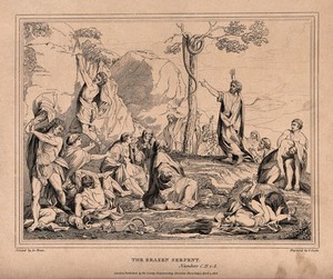 view Moses points to the brazen serpent while his people writhe on the ground, besieged by fiery serpents. Etching by G. Cooke, 1816, after C. le Brun.