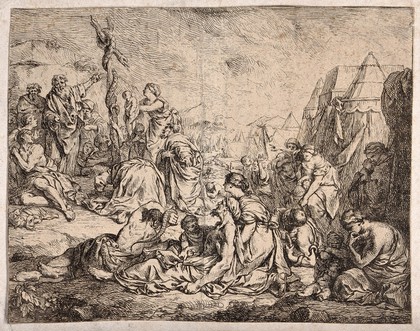 Moses points to the brazen serpent while his people carry their wounded towards it. Etching.