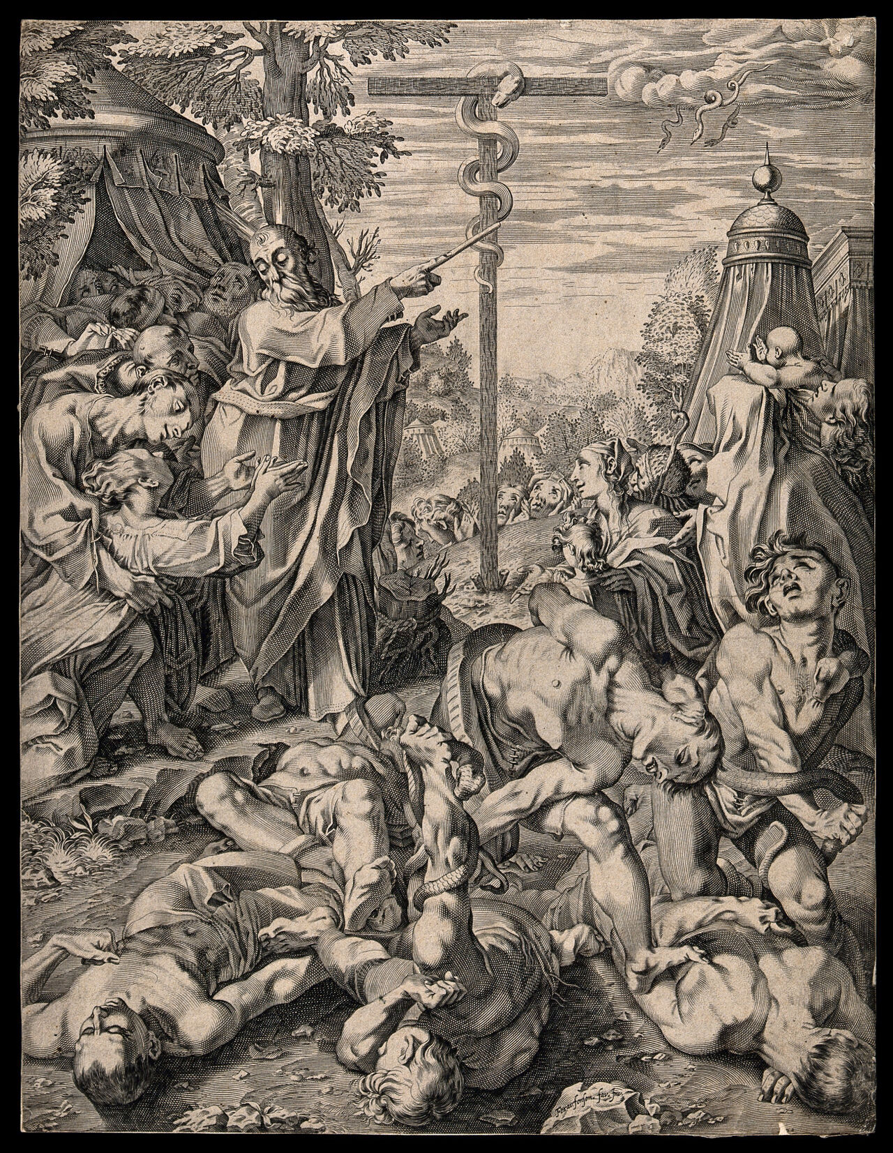 People writhe in pain among the fiery serpents as Moses produces the brazen serpent. Line engraving after F. Fenzoni., by Ferraù Fenzoni