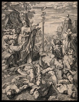 view People writhe in pain among the fiery serpents as Moses produces the brazen serpent. Line engraving after F. Fenzoni.