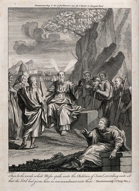 Moses speaks to his people in the land of the Moab, in the fortieth year of Exodus. Etching by C. Mosley, 1747, after A. Cheron.