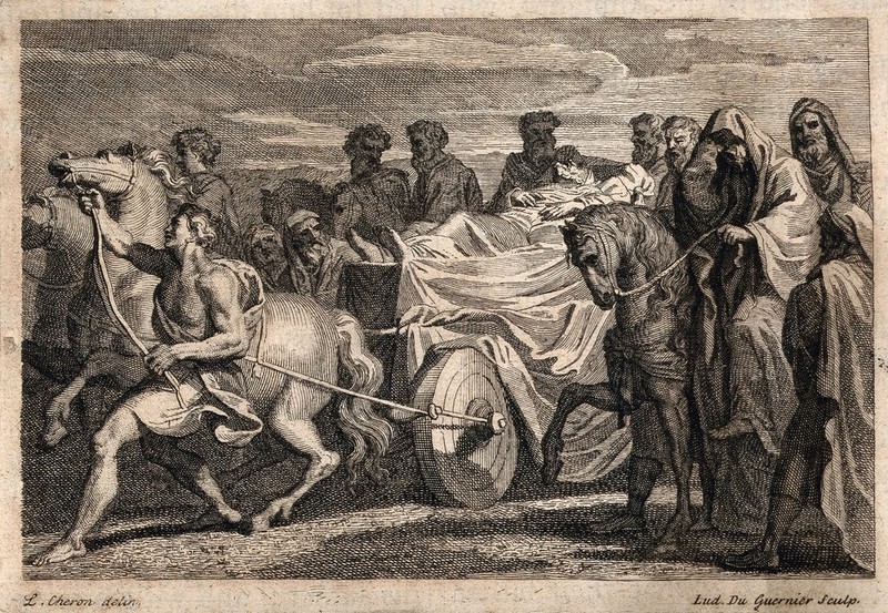 Jacob is taken to the cave in the field of Machpelah by a mournful procession; he wants to die in the spot bought by Abraham. Etching by L. du Guernier after L. Chéron., by Louis Chéron