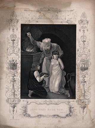 Jephthah makes a sacrifice of his daughter according to his rash vow. Line engraving by J.W. Cook after J. Opie.