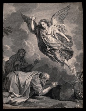 Manoah and his wife pray to an angel which emerges from the flame of their altar. Line engraving by L. Desplaces after C. Le Brun.