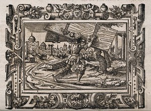 view Samson carries the gates of Gaza out of the city. Woodcut.