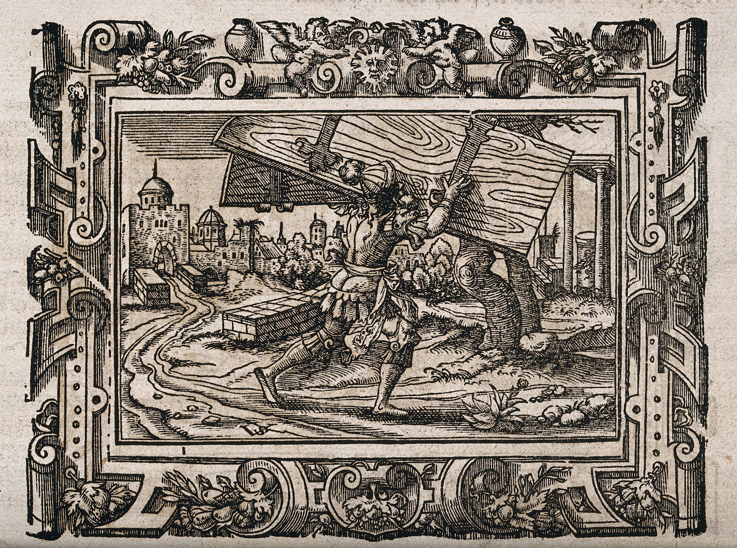 Samson holding the jaw bone of an ass over his head and standing next to  the Philis..., ca. 1640-60.