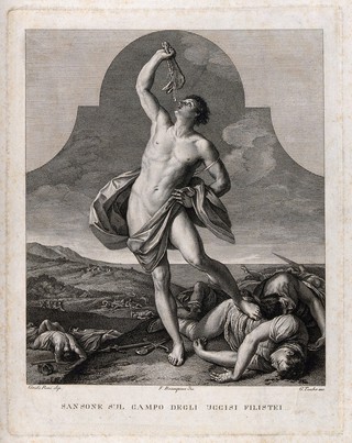 Samson, victorious over the combined powers of the Philistines, holds the jaw of the ass up high. Engraving by G. Tomba after F. Rosaspina after G. Reni.