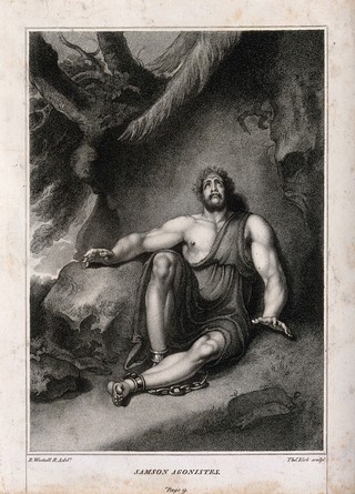 A fettered Samson sits blind and distraught in a gloomy clearing. Stipple engraving by T. Kirk after R. Westall.