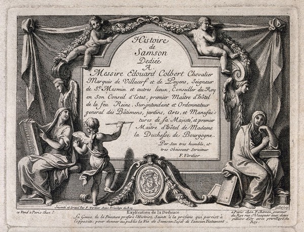 The genius of painting, preferring sacred to secular history, brings to the public the history of Samson, and writes a dedication to E. Colbert. Etching by J. Gillet and F. Verdier after F. Verdier, 1698.