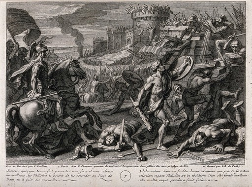 The young Samson excels on the battlefield. Engraving by J.B. de Poilly after F. Verdier, 1698.