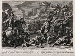 view The young Samson excels on the battlefield. Etching by J.B. de Poilly after F. Verdier, 1698.