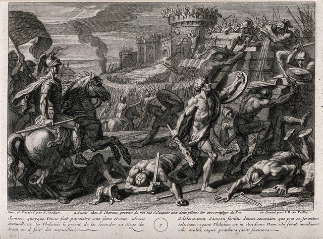 The young Samson excels on the battlefield. Etching by J.B. de Poilly after F. Verdier, 1698.