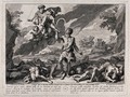 view God and two cherubs make water flow from the ass's jaw that Samson has used to kill the Philistines. Etching by B. Audran after F. Verdier, 1698.