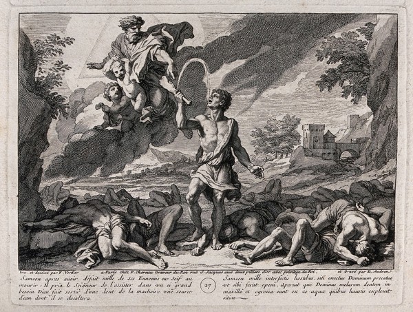 God and two cherubs make water flow from the ass's jaw that Samson has used to kill the Philistines. Etching by B. Audran after F. Verdier, 1698.