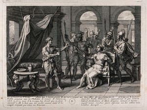 view Samson releases himself from his bonds; Delilah and the Philistines are astonished. Etching by B. Audran after F. Verdier, 1698.