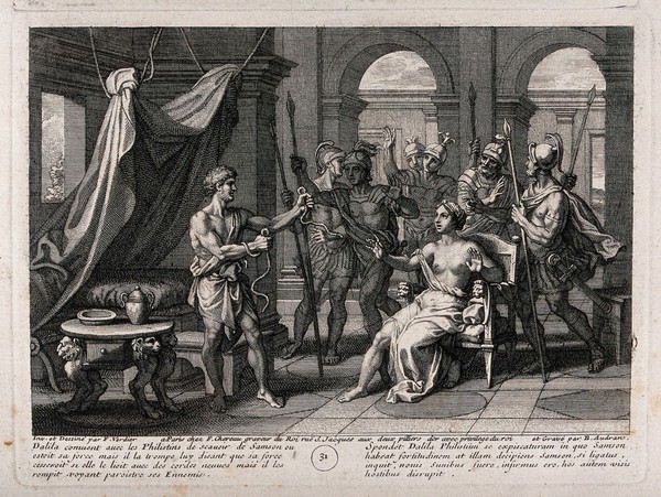 Samson releases himself from his bonds; Delilah and the Philistines are astonished. Etching by B. Audran after F. Verdier, 1698.