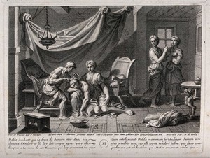 view Delilah caresses the sleeping Samson as she sets her barber to work. Engraving by J.B. de Poilly after F. Verdier, 1698.