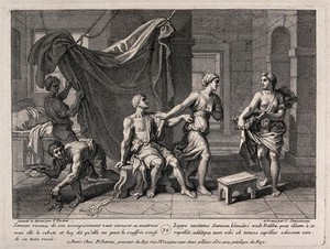 view The shorn Samson is rebuffed by Delilah. Engraving by C. Simonneau after F. Verdier, 1698.