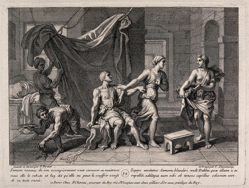 The shorn Samson is rebuffed by Delilah. Engraving by C. Simonneau after F. Verdier, 1698., 1698, by François-Alexandre Verdier