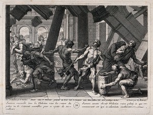 view Samson brings the house down upon himself and the Philistines. Engraving by B. Audran after F. Verdier, 1698.