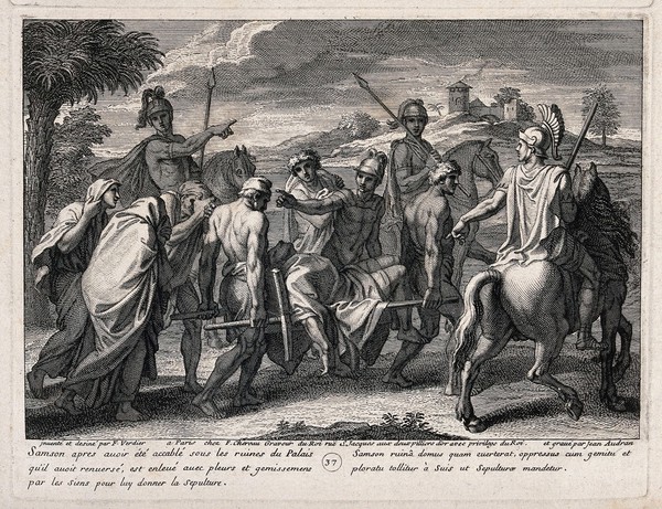 Samson's crushed body is borne away by his brethren. Engraving by J. Audran after F. Verdier, 1698.