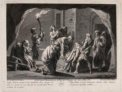 Samson is entombed. Engraving by J.B. de Poilly after F. Verdier, 1698.