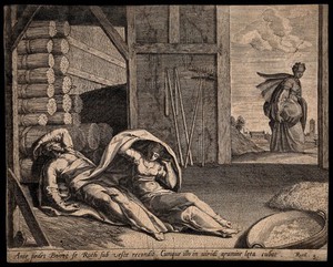 view Ruth comes to take shelter under Boaz's cloak. Engraving.