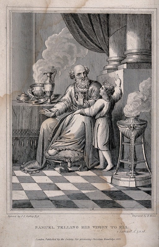 Surrounded by incense, the child Samuel tells the priest Eli of the fate God has in store for him. Engraving by H. Moses, 1829, after J.S. Copley.