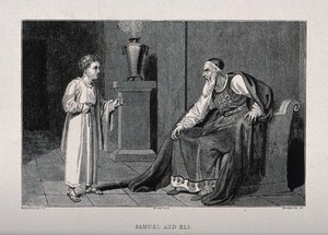 view The child Samuel tells Eli about God's displeasure with him. Wood engraving by A.R. Branston after R. Westall.