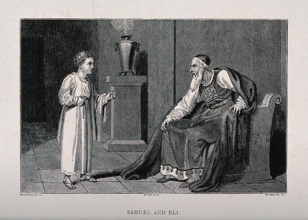 The child Samuel tells Eli about God's displeasure with him. Wood engraving by A.R. Branston after R. Westall.