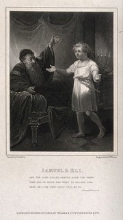 A radiant Samuel brings word from God to Eli. Line engraving by A.W. Warren, 1816, after E. Bird.