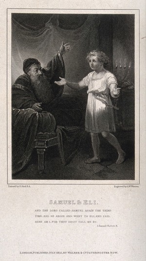 view A radiant Samuel brings word from God to Eli. Line engraving by A.W. Warren, 1816, after E. Bird.