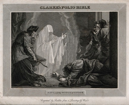 The witch of Endor conjures up the ghost of Samuel at the request of Saul, who lies petrified on the ground. Engraving by W. Raddon, 1811, after B. West.