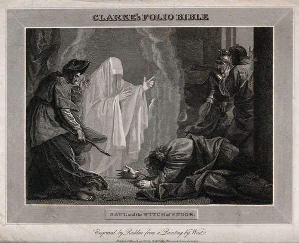 The witch of Endor conjures up the ghost of Samuel at the request of Saul, who lies petrified on the ground. Engraving by W. Raddon, 1811, after B. West.