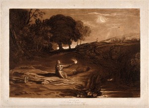 view Rizpah keeps watch in the tranquil night over the decaying bodies of her sons. Mezzotint by R. Dunkarton and J.M.W. Turner, 1812, after the latter.